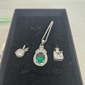 SILVER TONED CHAIN, EMERALD COLOR PENDANT WITH REPLACEABLE CLEAR STONE PENDANTS